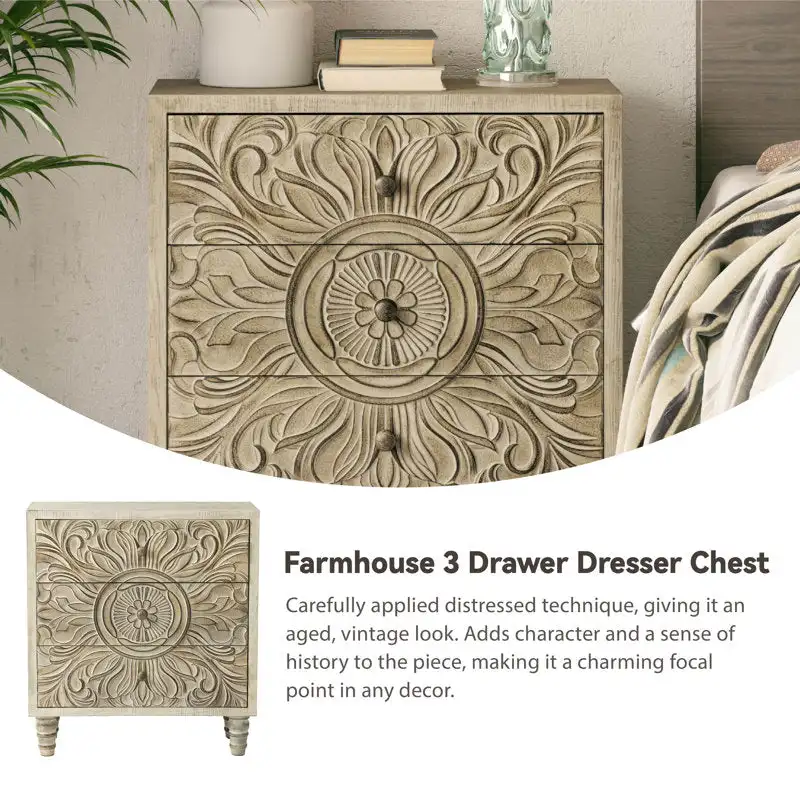 Cômoda compacta de três gavetas, caixa decorativa esculpida à mão em madeira com flores, passagem de entrada do quarto, armário da sala de estar