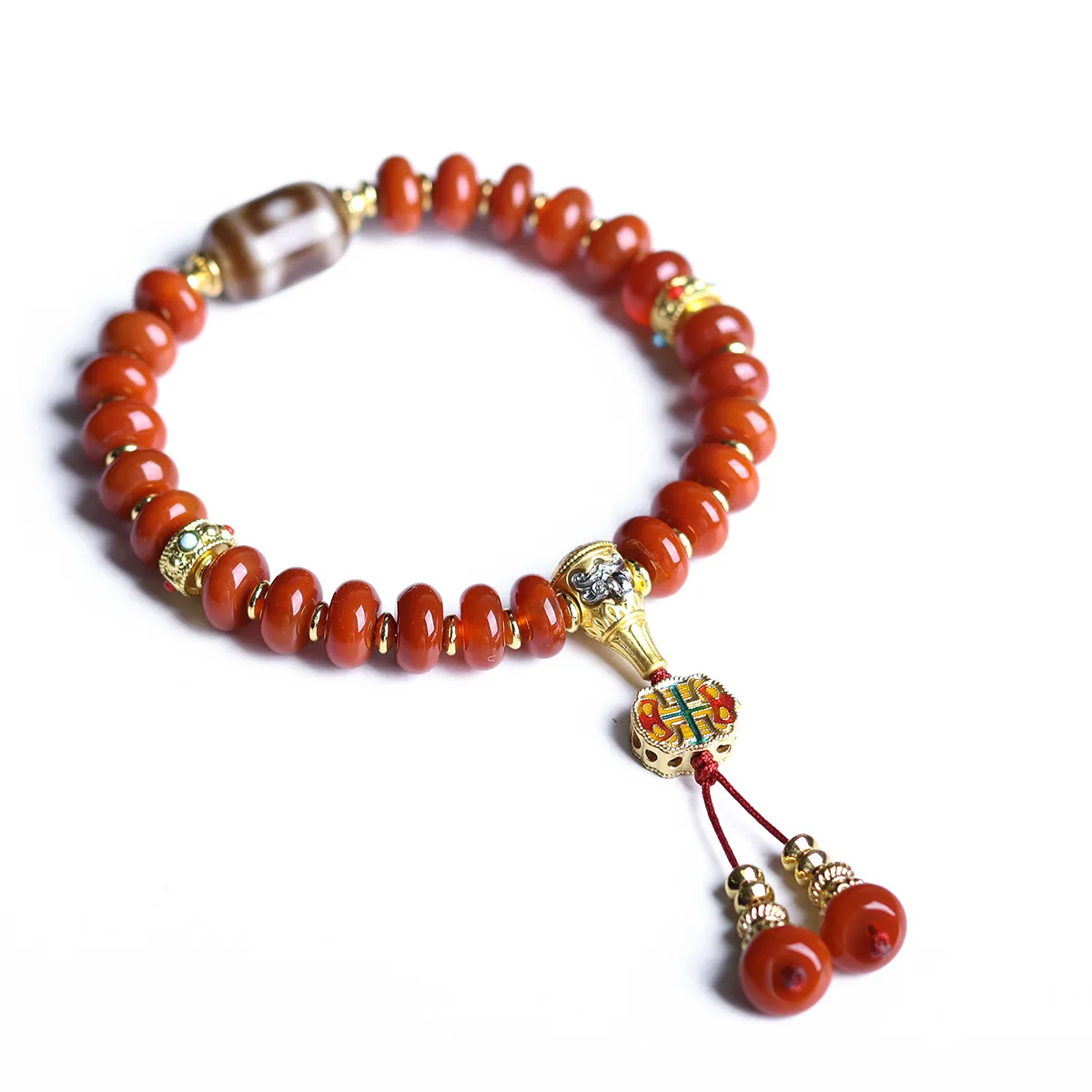 Original Chinese Style Red Agate Disc Bead Bracelet Three Eyed Dzi Bead New Year Red Bracelet Gifts