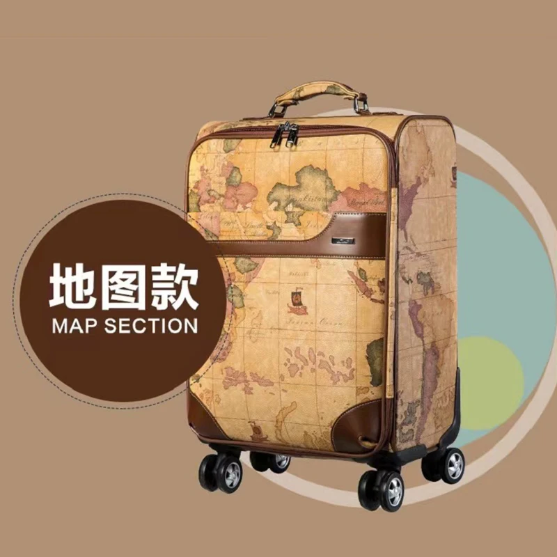 Vintage Map Suitcase Boarding Rolling Luggage Set Travel Bags Password Trolley Case 20\