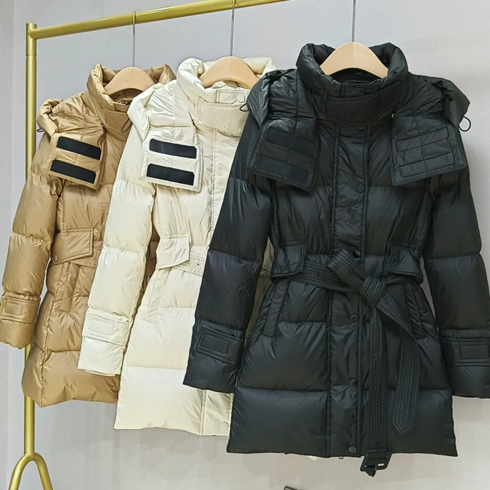 Down Jacket Women New Winter Coats Women Fashion Puffer Jacket White Duck Down Coat with Belt Female Thick Warm Slim Parka