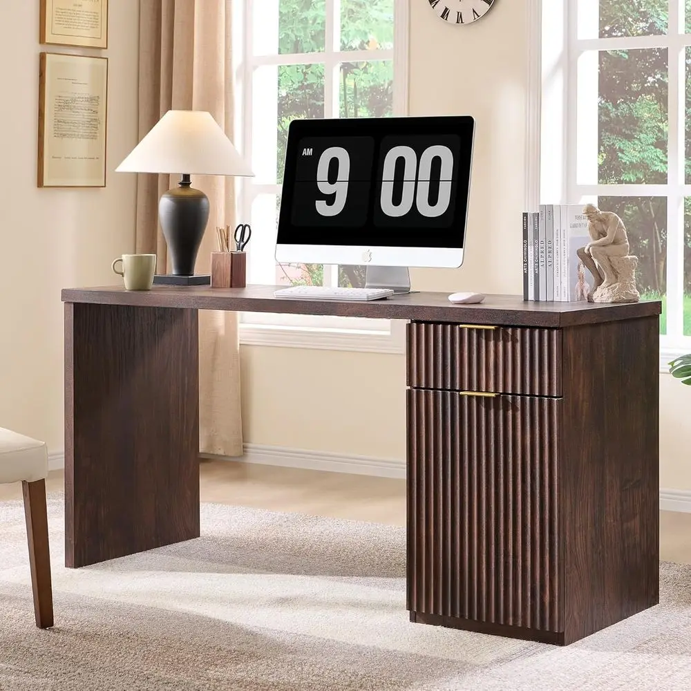 

60 Executive Wood Desk with Storage, Drawer & Cabinet, Walnut Finish, Ideal for Home Office, Study, Living Room, Bedroom