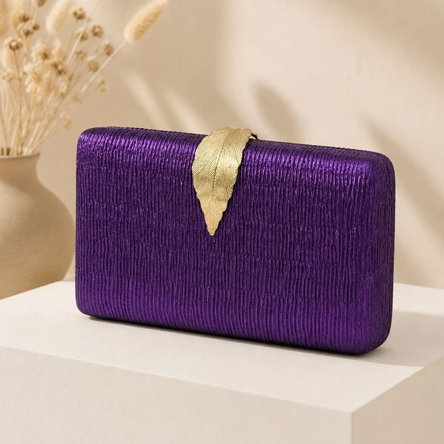 Bolso de Mano Plegable con Hojas Acrílicas Moradas, Nuevo Bolso de Noche para Fiesta o Banquete, Bolso Bandolera Metálico, Bolso de Mano Tipo Clutch