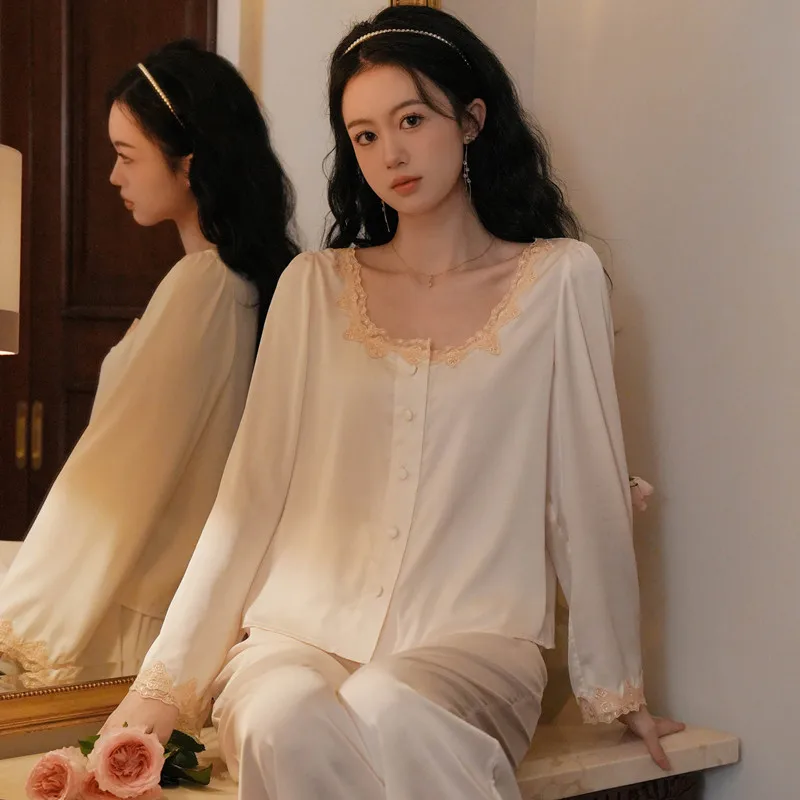 French Style Loose Two-Pieces Silk Nightwear Lace Round Neck Full Sleeves Pajamas For Women Simple Cardigan Long Pants Sleepwear