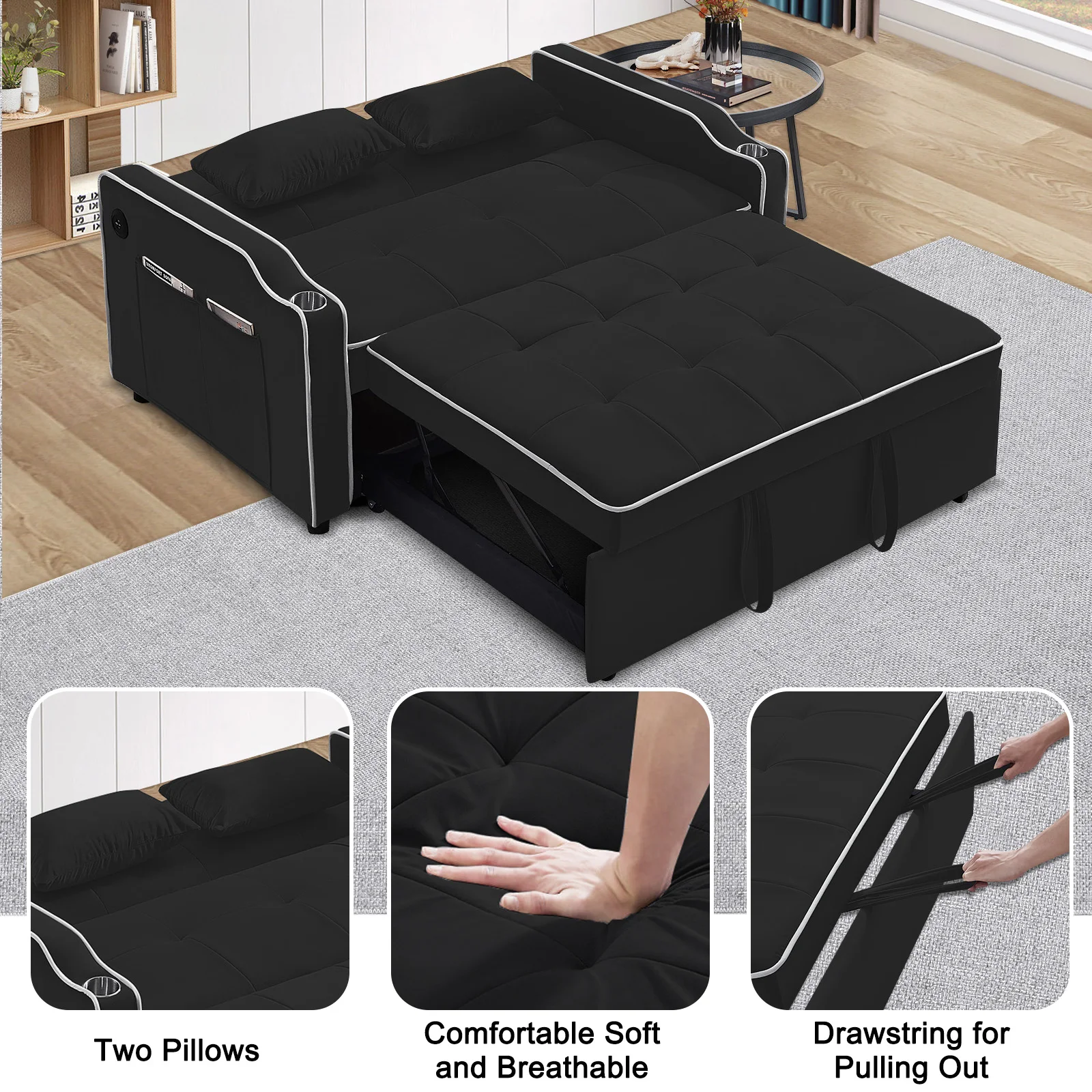 Multi-Functional Velvet Sleeper Couch Pull-Out Bed Loveseat Sofa Chaise Lounge with USB Port Cupholder Adjustable Backrest