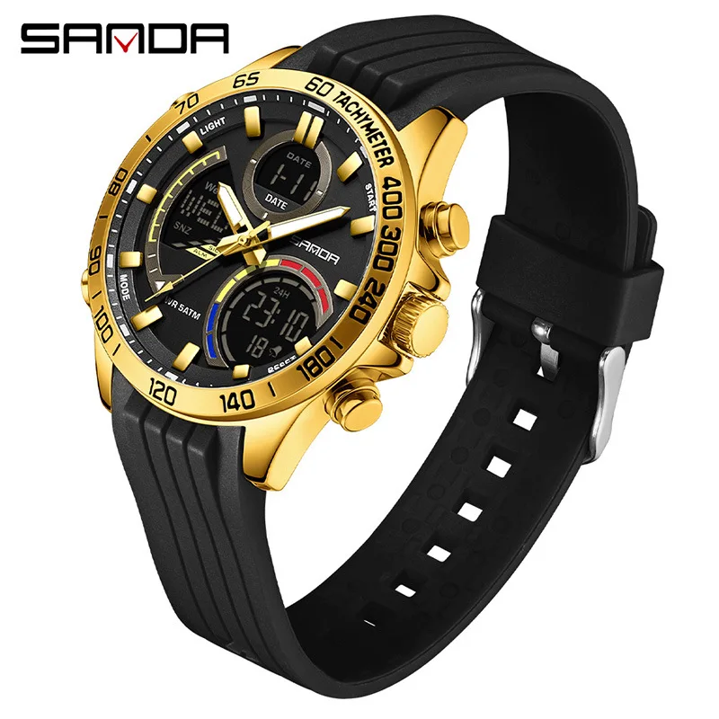 SANDA 6269 Dual Display Electronic Watch Men's Dual Movement 5ATM Waterproof Night Light Three Ground Time Student Sports Watch