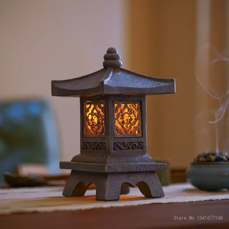 Chinese Zen Imitation Stone Tower Resin Landscape Rechargeable Palace Lamp Home Indoor Courtyard Living Room Office, Study Decor