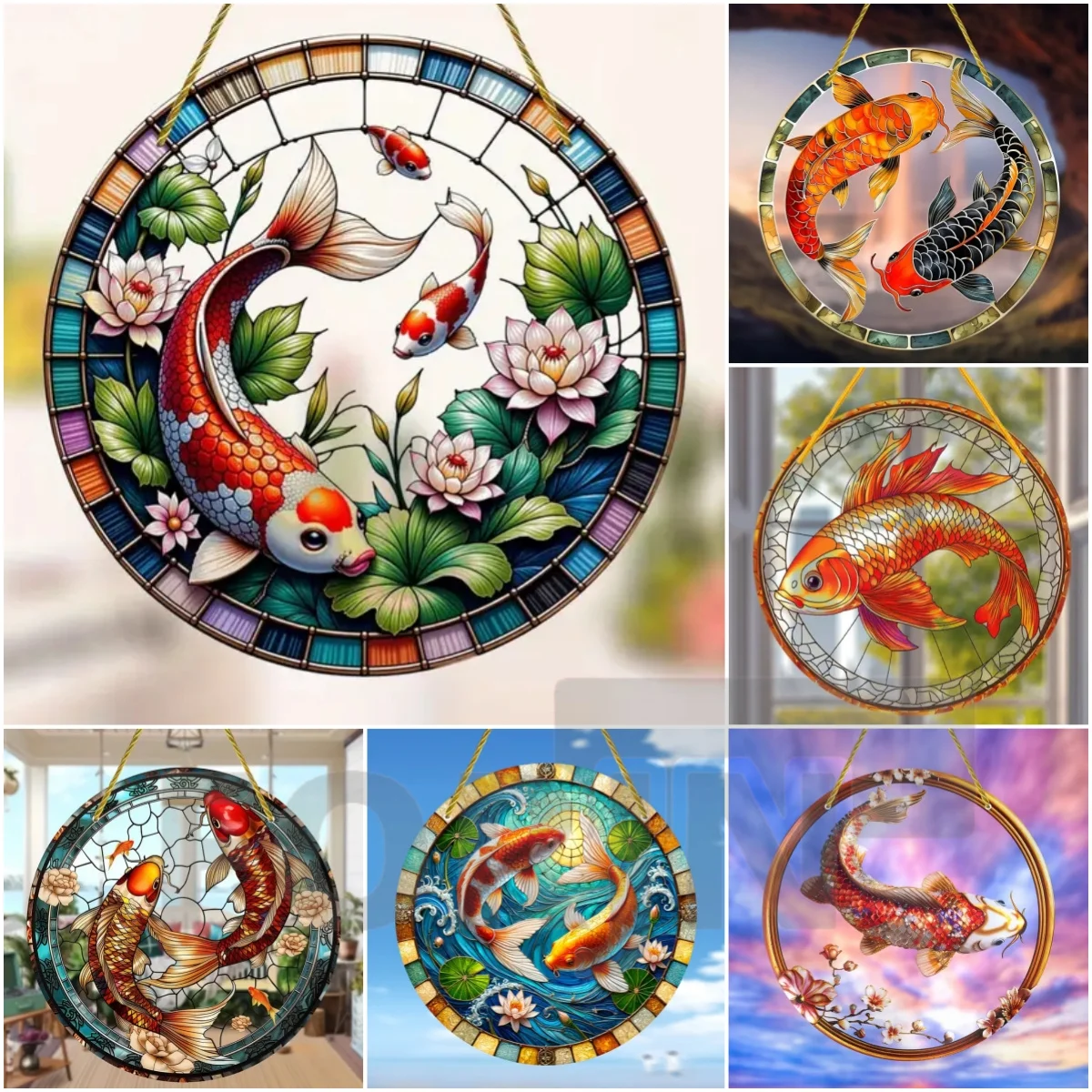 Koi Fish Stained Art Acrylic Sun Catcher - Garden Decor Round Translucent Window  hanging Sign, Home, Porch, Lake House Decor