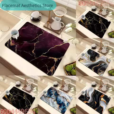 Marble Pattern Drying Mat Kitchen Countertop Absorbent Table Mat Non-Slip Heat-Resistant Quick-Dry Easy to Clean