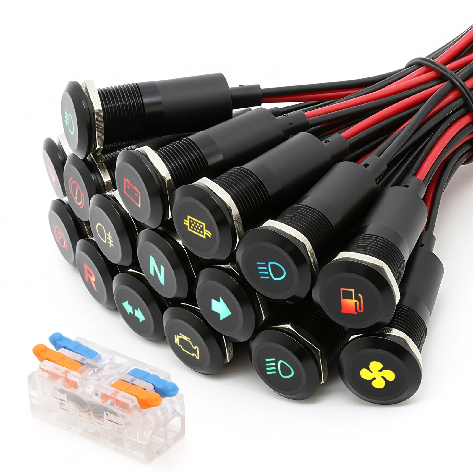 FILN 12mm LED Indicator Light Black Metal Symbol Dash Pilot Warning Lamp 12V Pre-Wired with Wire Connector for Vehicle Marine