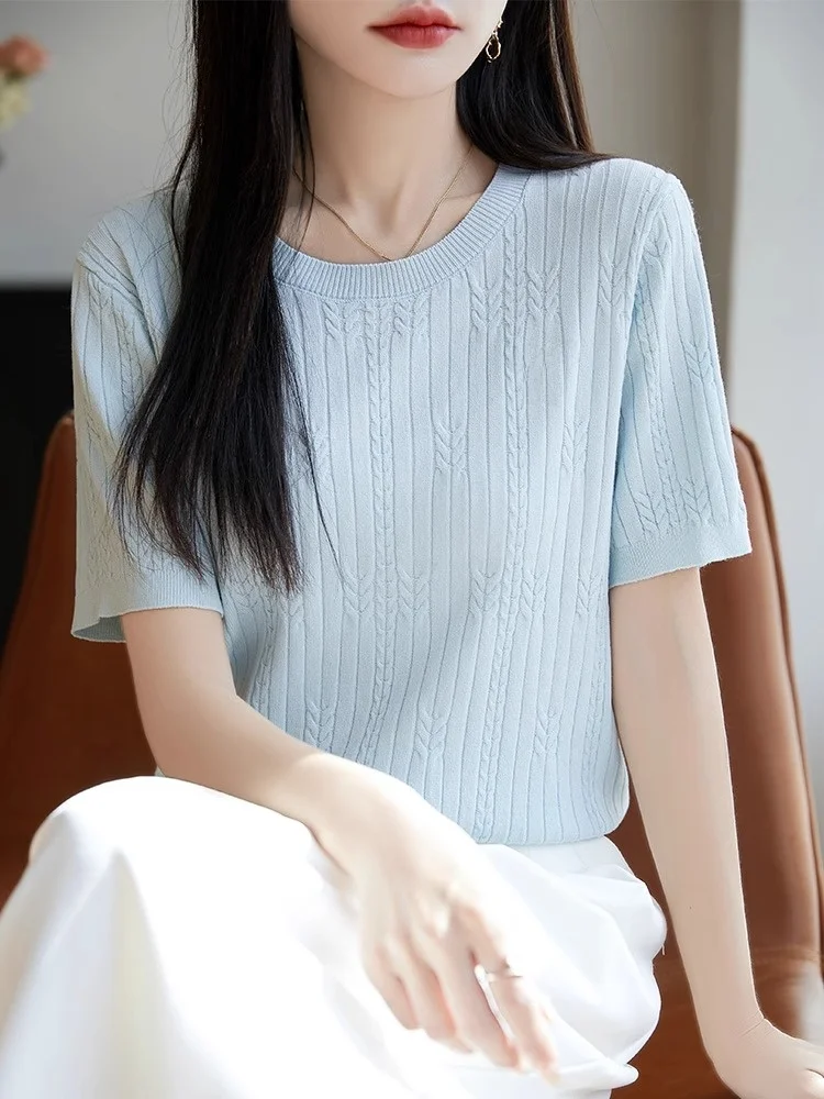 Été nouveau rond Ne tricoté ort Sve T-shirt femmes décontracté torsion Simple broderie glace soie haut tricoté coupe ample basique...