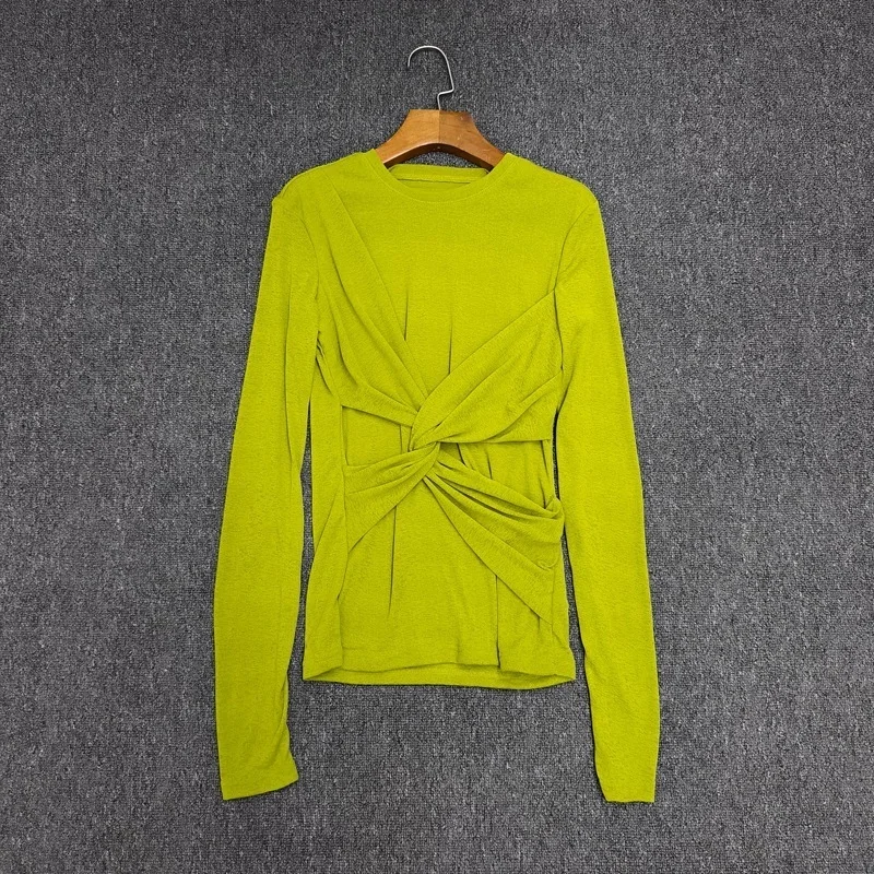 

Jenny & Dave Минималистичная женская одежда Футболка Весенние топы с витым дизайном Элегантные плиссированные облегающие топы с круглым вырезом и длинными рукавами Base Sh