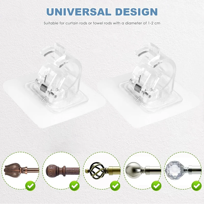 8PCS No Drill Curtain Rod Brackets Curtain Rod Holder Hooks Nail Free Curtain Rod Hooks Curtain Hangers For Home