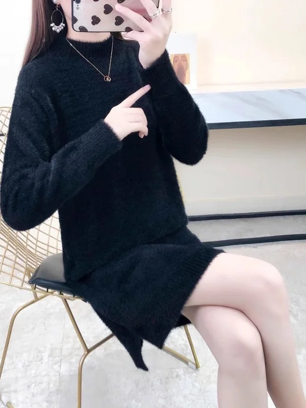 

Осень-зима, мягкий длинный женский вязаный свитер средней длины Dr, свободная основа, универсальная норковая бархатная модная одежда для поездок на работу...