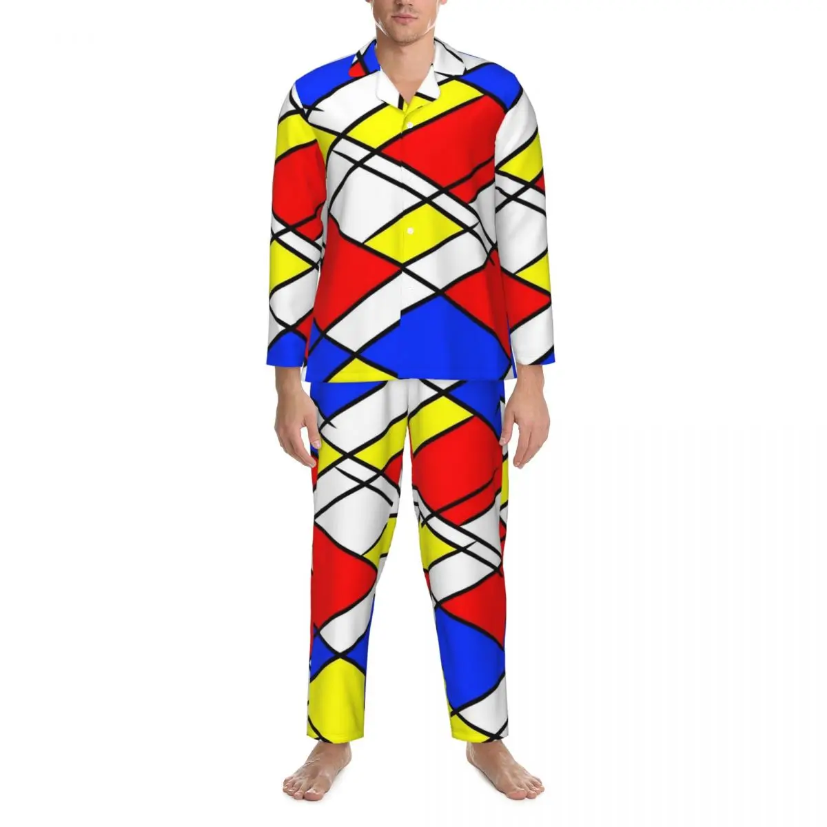 Red Yellow And Blue Mondrian Pajamas Men Trendy Sleep Sleepwear Spring 2 Pieces Vintage Oversized Graphic Pajama Set