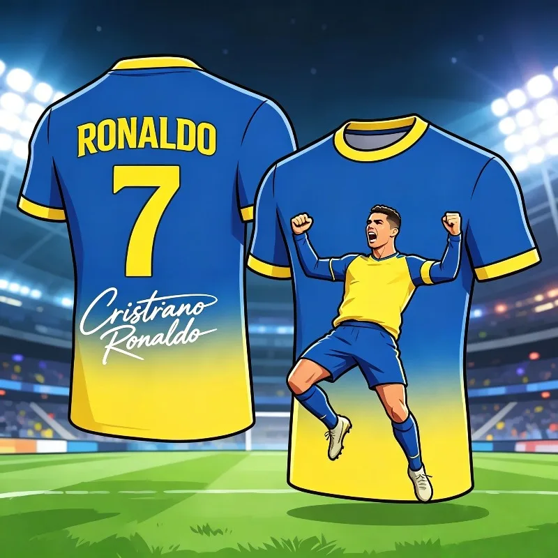 Summer # 7 Cristiano Ronaldo Cute Edition Blue Yellow Gradient AI Wow Football Shirt Adult Children Fashion Large Sports Shirt view 2
