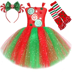 Sparkly Red Green Candy Costumes for Girls Christmas Sequin Tutu Dress with Bow Kids Xmas Party Outfit Twinkle New Year Clothes