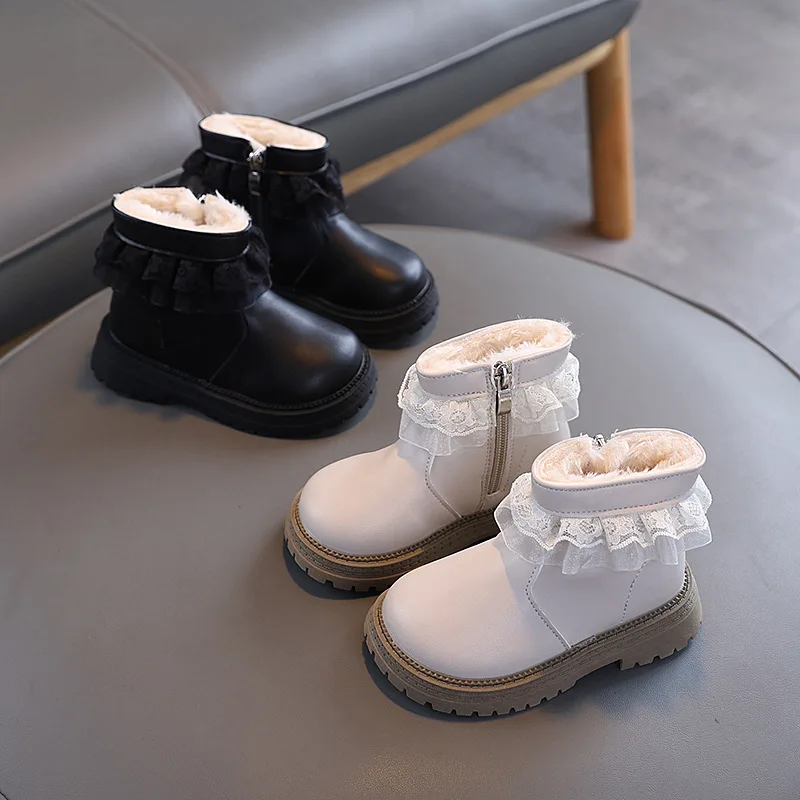 Lace-trimmed Fleece Ankle Casual Boots Girls Winter Kids Non-slip Warm PU Leather Boots Baby Outdoor Children Casual Snow Boots