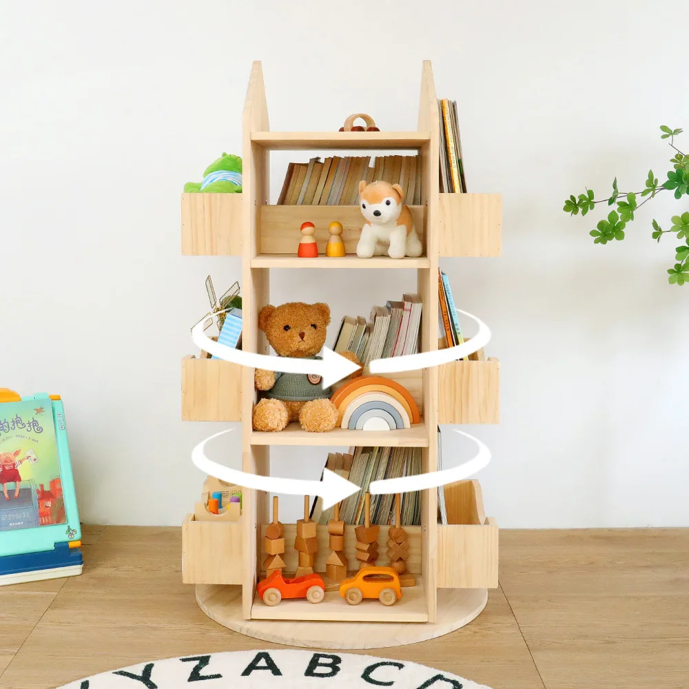 خزانة كتب خشبية للأطفال، رف كتب، أثاث مكتبة الأطفال، رف تخزين كتب دوار بعجلات