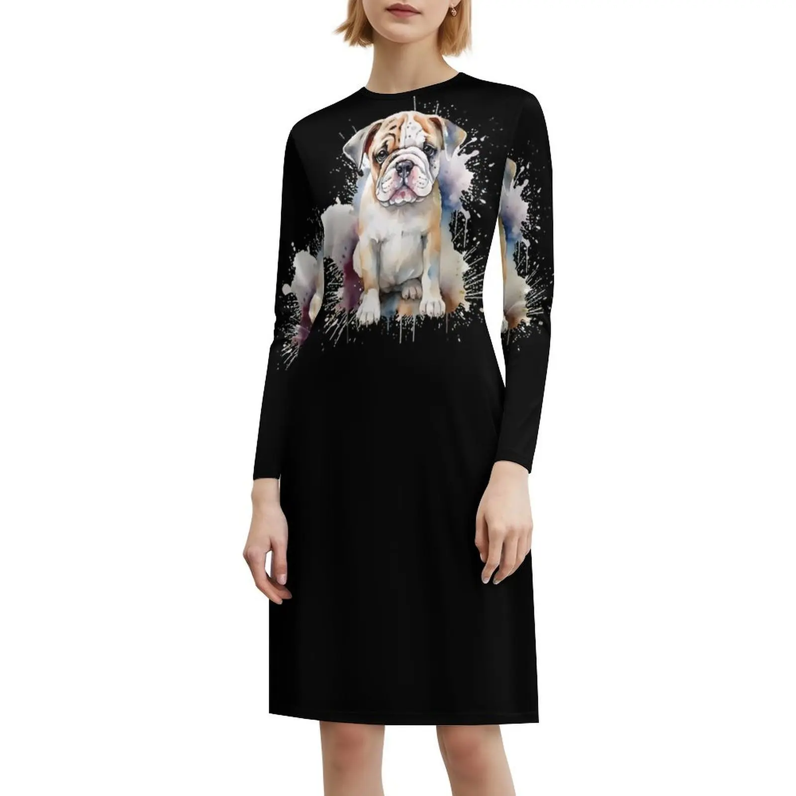 الملونة المائية الإنجليزية البلدغ جرو الكورية نمط فستان كاجوال للنساء بسيط اليومية مكتب سيدة فساتين الإنجليزية البلدغ #6