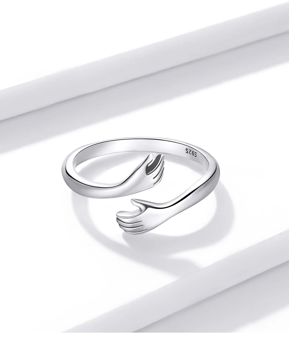 BAMOER 925 Sterling Silver Hug Open Ring Warm Love Hand Adjustable Glossy Ring for Women, His Big Loving Family Party Gift