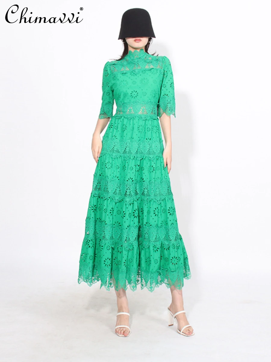 

2024 Summer New French Embroidery Jacquard Hollow Dress Women's Fashion Round Neck Slim-fit Elegant Long Vacation Style Dress