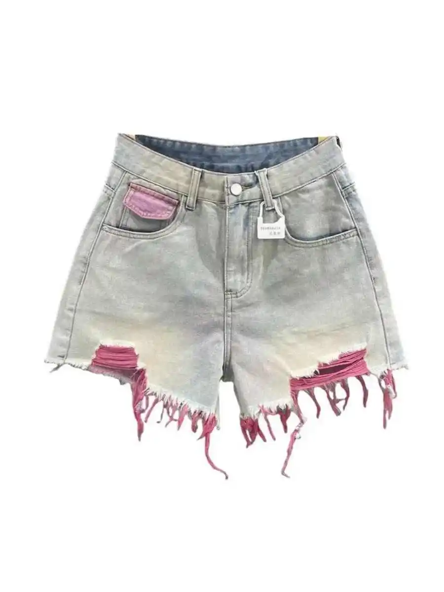 S-2XL Holes Women Short Denim Pants Summer New High Waist Pink Wide Leg Pant Zipper Fly Female Jeans Shorts