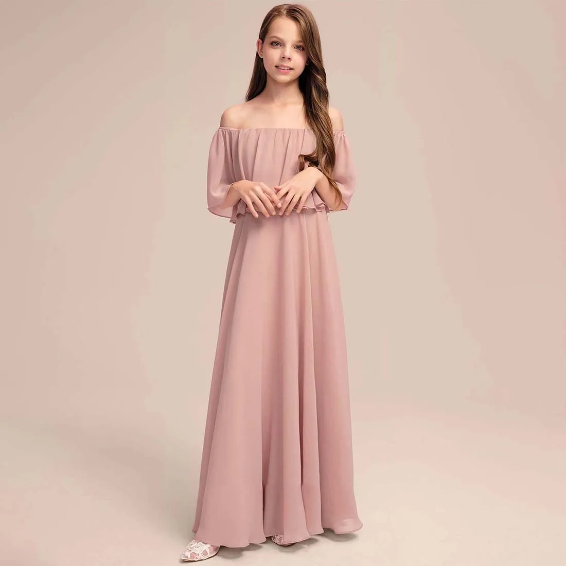 YZYmanualroom Chiffon Junior Bridesmaid Dress With Pleated A-line Off the Shoulder Floor-Length 2-15T