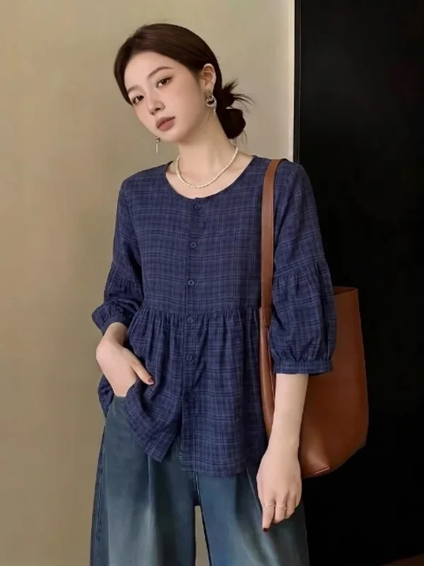 

Blue Plaid Short Sleeve Shirt Women's Summer New Large Size Fat MM Belly Covering Doll Shirt Top Korean Style Loose Fit
