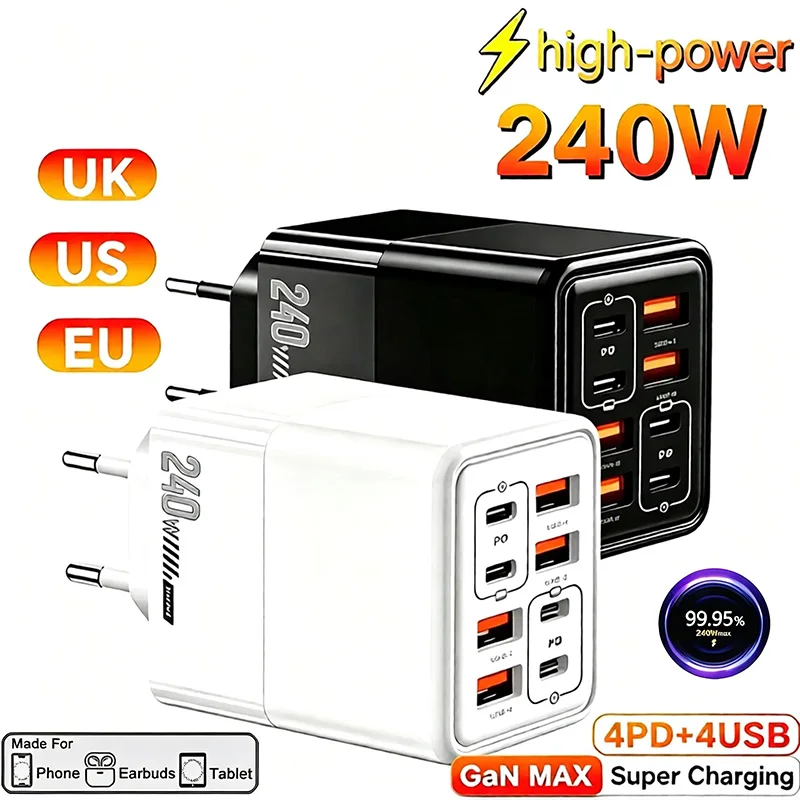 Ładowarka podróżna 2026 240W 8 w 1 USB C do szybkiego ładowania z wtyczką EU UK US dla Xiaomi Huawei iPhone Samsung