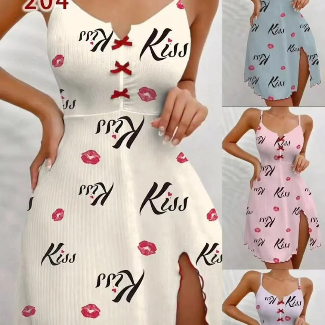 

Sexy Women's Night Gown Lace Trim Camisole Bow & Heart Print Sleeveless Sleep Dress Elegant Night Wear for Ladies