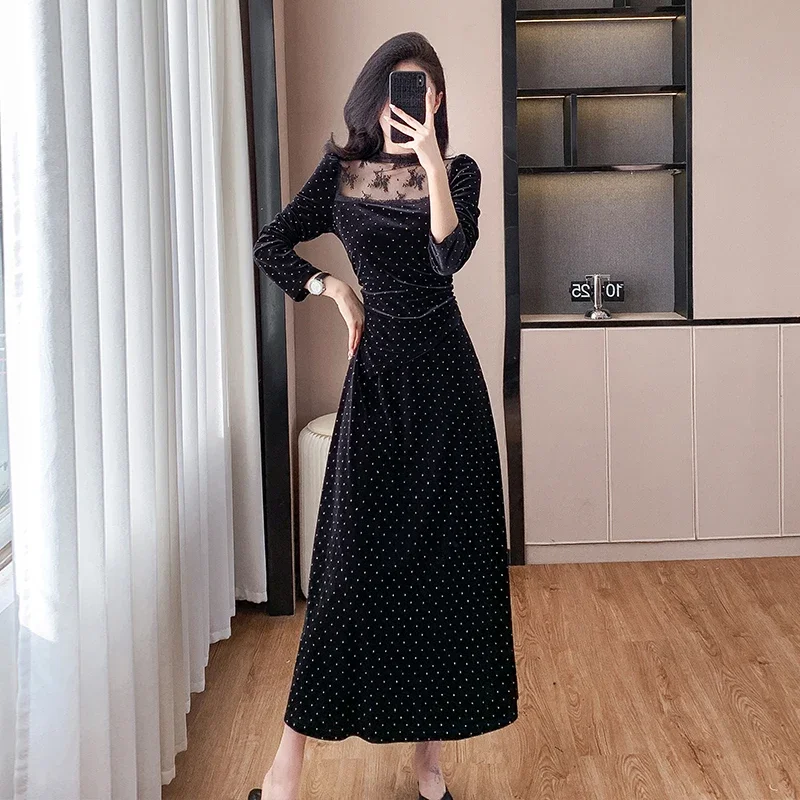 Ofallsis French Heavy Industry Hot Diamond Hollow Velvet Dress 2024 Autumn Winter New Women's Waist Socialite Black Long Dresses