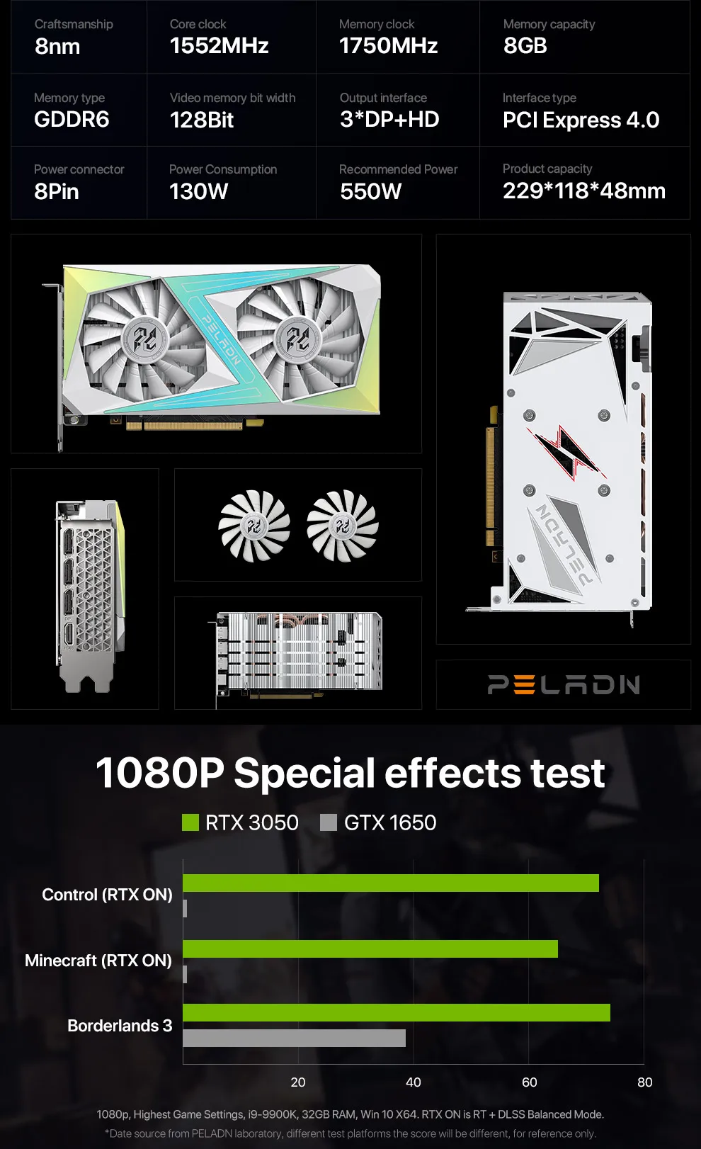 Peladn Wholesale Gaming Computer Graphics Card GeForce RTX 3050 8GB GDDR6 128-bit 8-pin DP Desktop Graphics Card PC