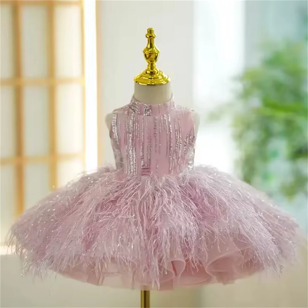 

Customized Elegant Girl Dress Prom Kids Sleeveless Sequined Tulle Party Trend Feather Princess Evening Dress Children Birthday