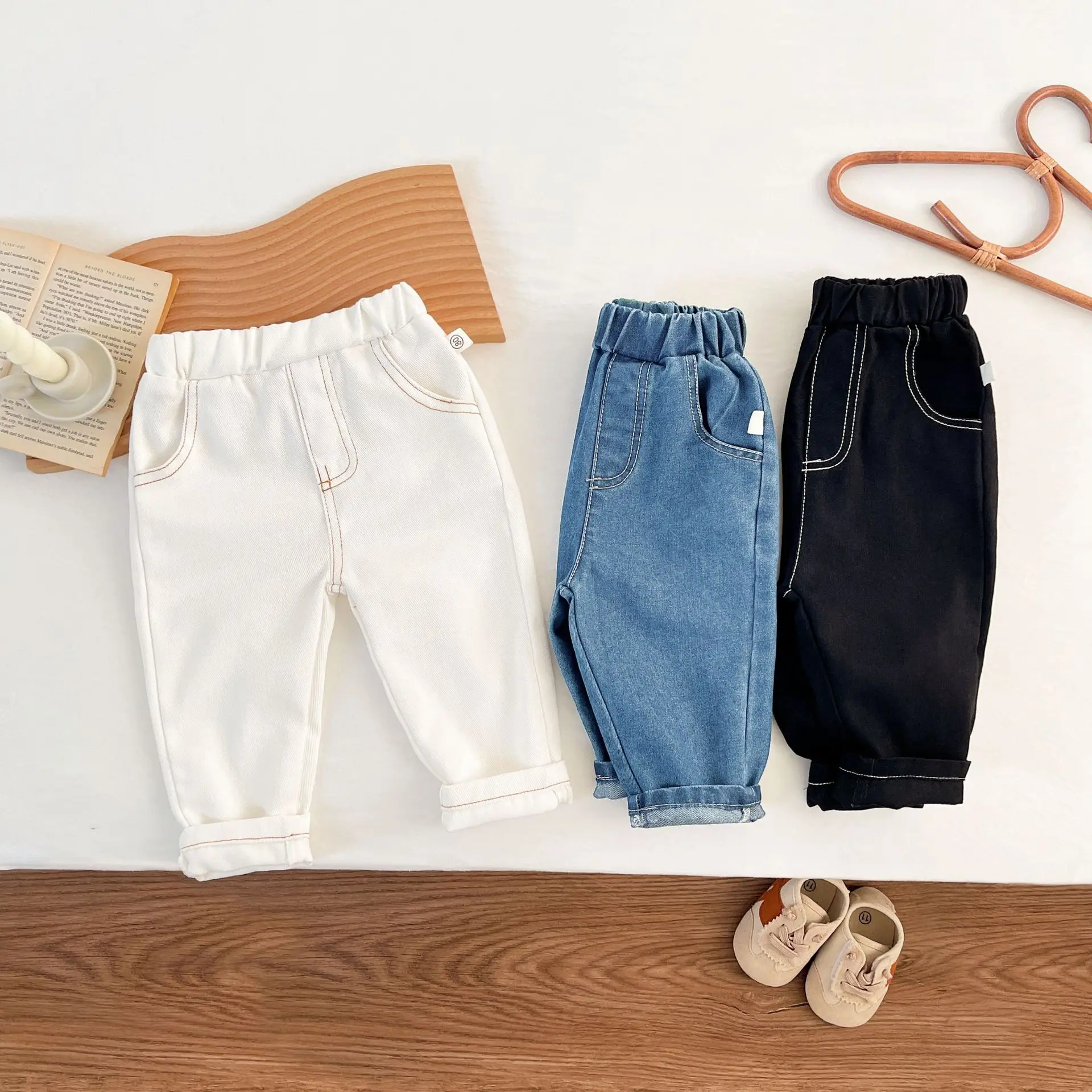 

(2-7 Years）Children's Solid Jeans Spring Autumn for Girl Boys Baby kids Fashion Casual Pant Trousers Pocket Long Pants New
