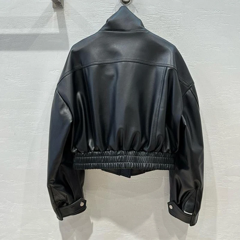 Classic Black Moto & Biker Real Leather Jacket for Women Loose Stand Collar Female Imported Lambskin Casual Short Jacket Coats