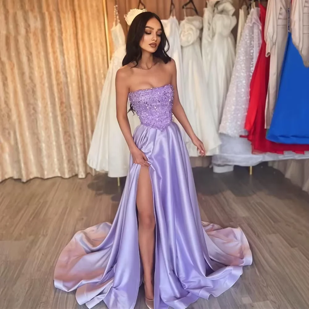 

Customized Shiny Strapless Evening Dress Light Purple Satin Sleeveless A-line Graduation Dress Elegant Women's Formal Party Gown