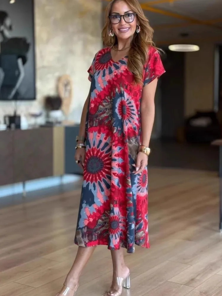 فستان نسائي صيفي بنمط عرقي أنيق بأكمام قصيرة مطبوع أنيق فستان فضفاض غير رسمي فساتين حفلات المكتب والعطلات