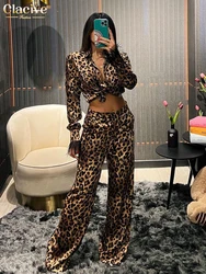 Clacive Sexy Slim Leopard Print Women Two Piece Outfits 2023 Fashion Long Sleeve Shirts With Mid Waits Wide Leg Pants Set Female