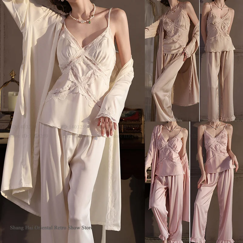 

Sexy Lace Bathrobe Pajamas 3PCS Set Spring Summer New Ice Silk Sleepwear Loungewear Loose Casual Trouser Pijamas Suit Lingerie