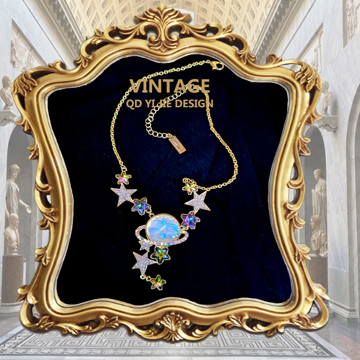 2023 New Medieval Vintage Necklace Auroral Color Niche Design Sense Necklace in The Long Diamond Planet Pentagram Jewelry