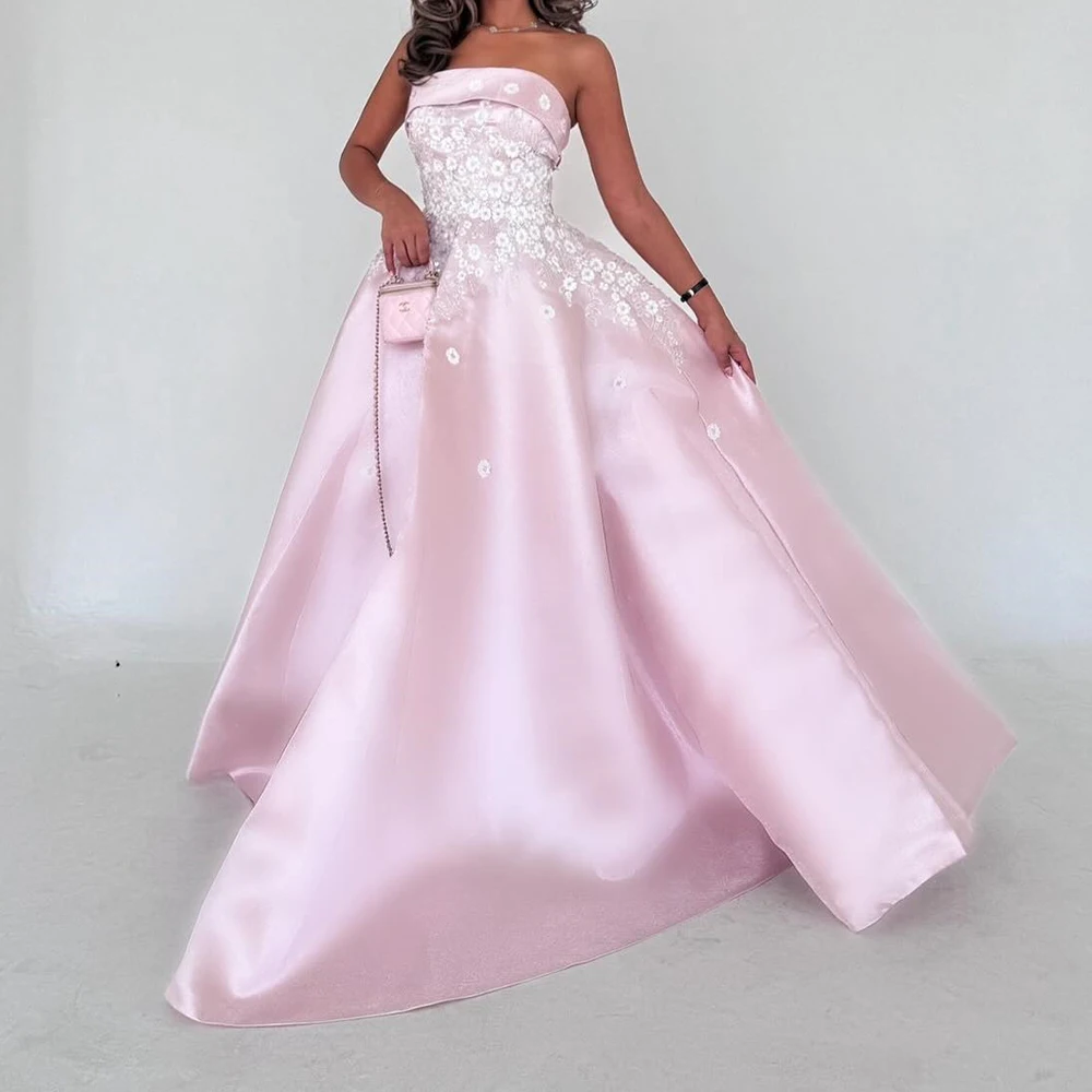 

Customized Modern A-Line Floor Length Strapless Satin Sleeveless Pleats Evening Dress Fashion Photo Color vestidos para mujer