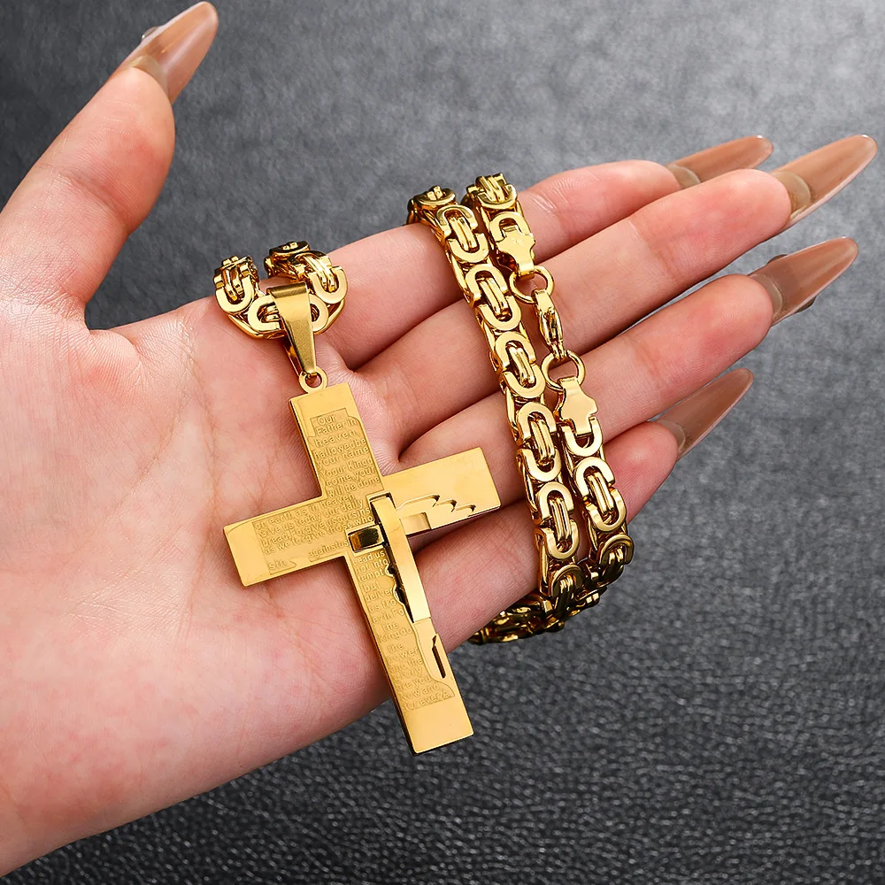 Large Stainless Steel Gold Personalized English Cross Pendant Necklace Byzantine Chain 7mm 22inch