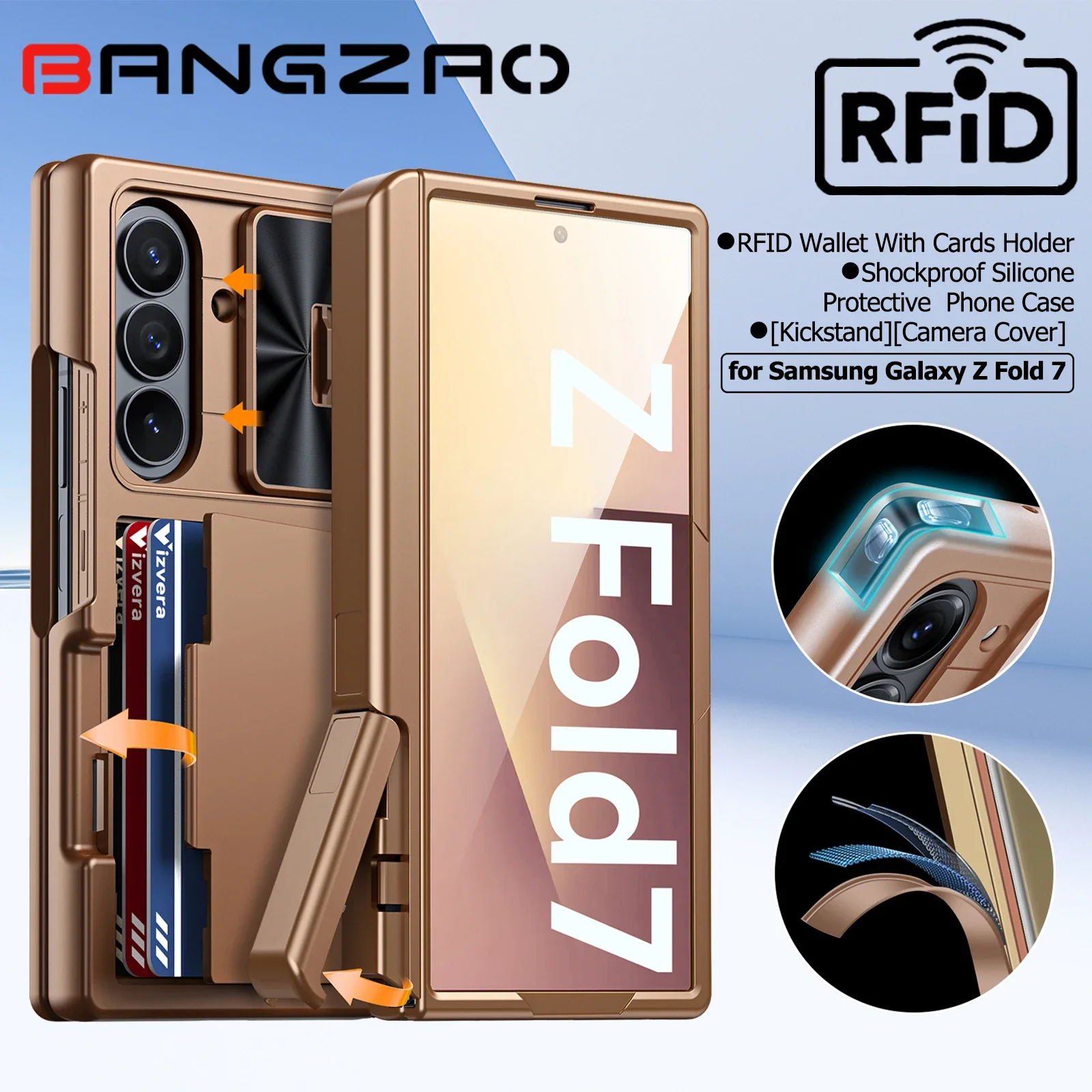 

Чехол для Galaxy Z Fold 7, RFID-кошелек с держателем для карт [подставка][крышка для камеры] Противоударный силиконовый защитный чехол для телефона - золото