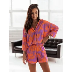 Women's Spring/Summer Casual Shorts Set, Fashionable Printed Long Sleeved Lapel Set Party and Holiday Style Women's Shorts Set