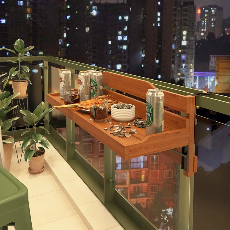 Balcony Railing Hanging Table Foldable Wooden Bistro Bar Table Space-Saving Hooks Desk Outdoor Indoor Hanging Shelf