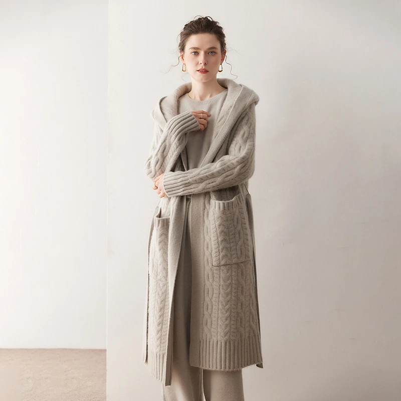 

Luxury Woman Clothes Autumn Winter High Quality Hooded Long Cardigan Thick Soft Warm 100% Cashmere Knitwear Grace Lazy Overcoat