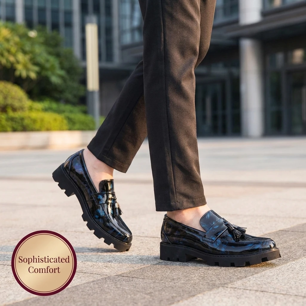 Men Glossy Blue Printed Tassel Loafers Height Increasing Slip on Dress Shoes Thick Platform Sole Casual Business Formal Footwear