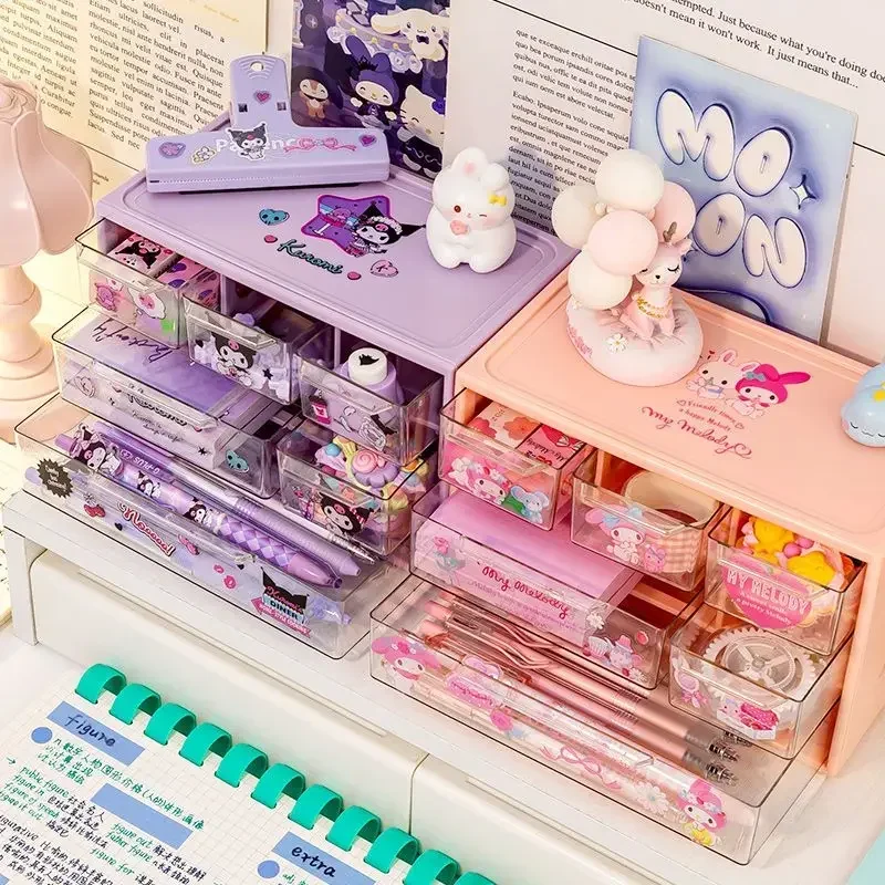 Sanrio Drawer Desktop Storage Box Cute Kuromi My Melody Cinnamoroll Stationery Organizer Clear Compartment Storage Boxes Gift