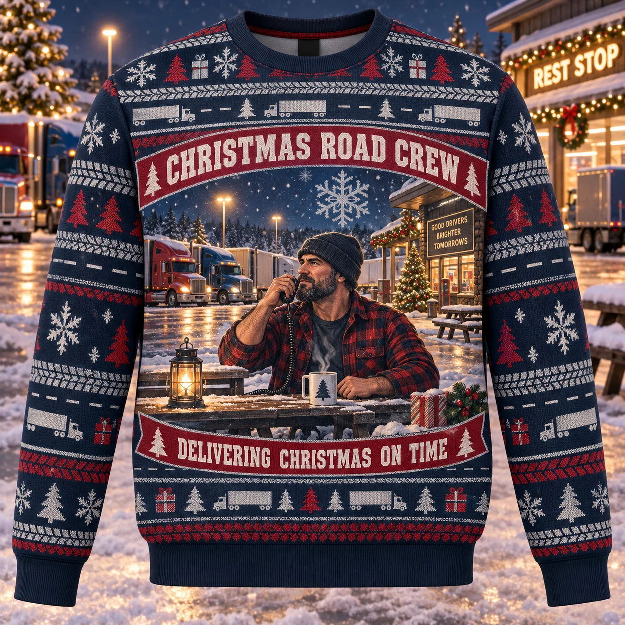 Ugly Christmas Sweater Trucker Road Crew Crewneck Sweatshirt Polyester 3D Print Truck Driver Holiday Pullover Gift Men