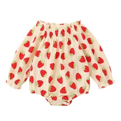 Cathery Cute Autumn Baby Girl Casual Romper Strawberry Print Ruffles Off Shoulder Long Sleeve Cotton Bodysuit Overalls Clothes